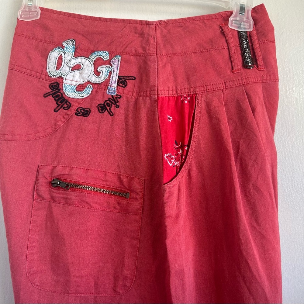 RARE Desigual Vibrant Coral Red Embroidered Appliquéd Cotton Boho Harem Pants - Picture 11 of 13